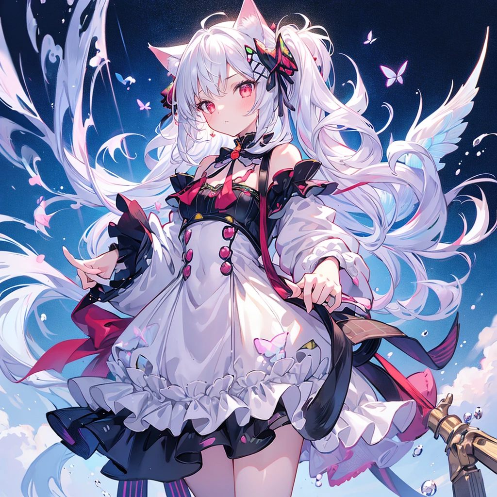 1 girl, masterpiece, best quality, Amazing, beautiful detailed eyes, finely detailed, depth of field, extremely detailed CG unity 8k wallpaper, full body, white hair, cat girl, loli, ghotic dress, red ribbon, (animal ears, cat ears, cat tail), village, red eyes, long hair, very long hair, (ultra-detailed),(detailed light), hair ornament.
Butterfly