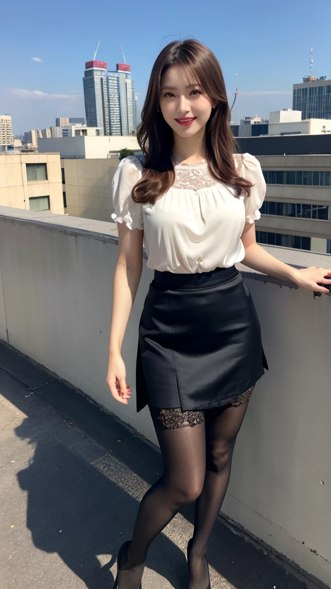 highest quality, masterpiece, 8K, ultra high resolution, (realistic: 1.4), 1 girl, beautiful face, symmetrical eyes, Japanese, smile, brown hair, perfect body proportions, full body, smile , large breasts, high heels, wearing makeup , pantyhose, (tight laced fabric blouse), ((white lace fabric blouse)), ((silk black color skirt)), ((tight fitting skirt )), (laced short sleeve) , rooftop, model pose , (legs shown: 1.4)