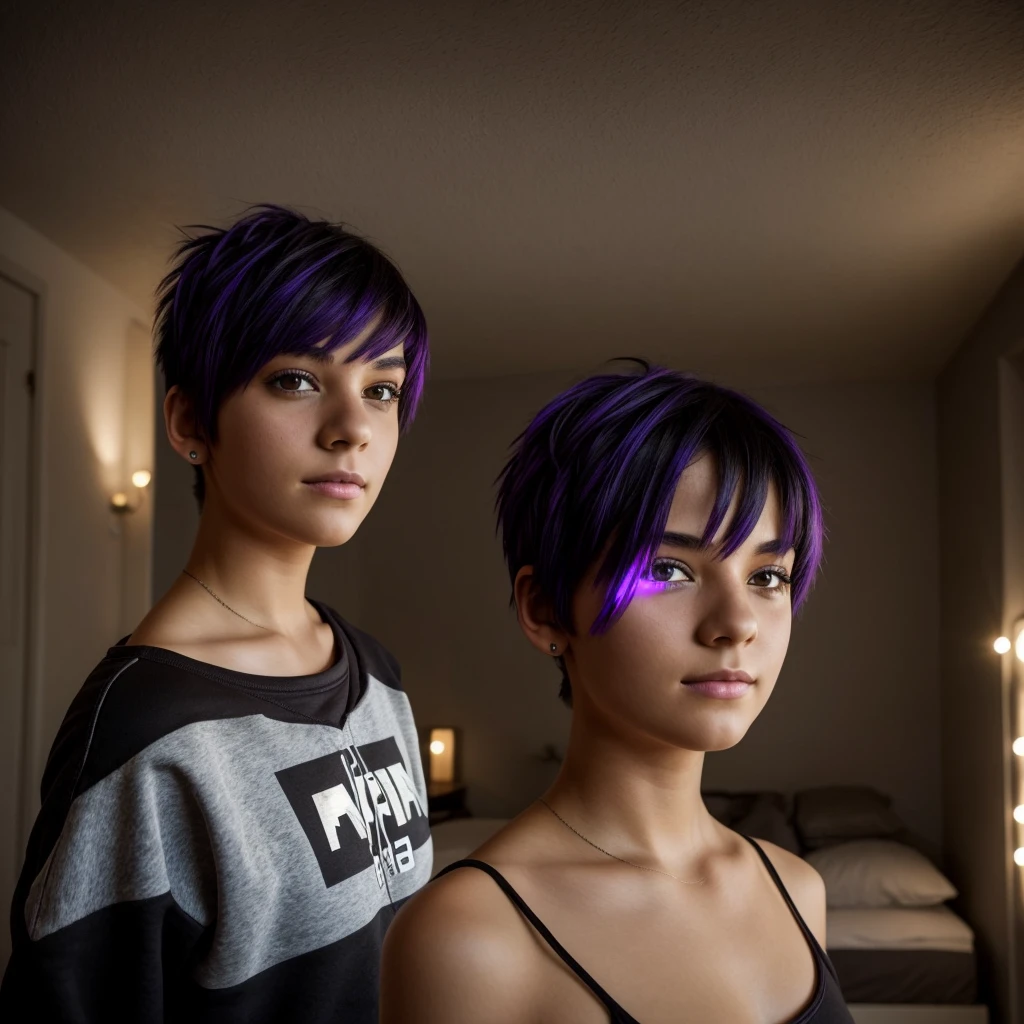best qualityer, work of art, high resolution,girl with short purple hair brown eyes with black sweatshirt,bedroom with led