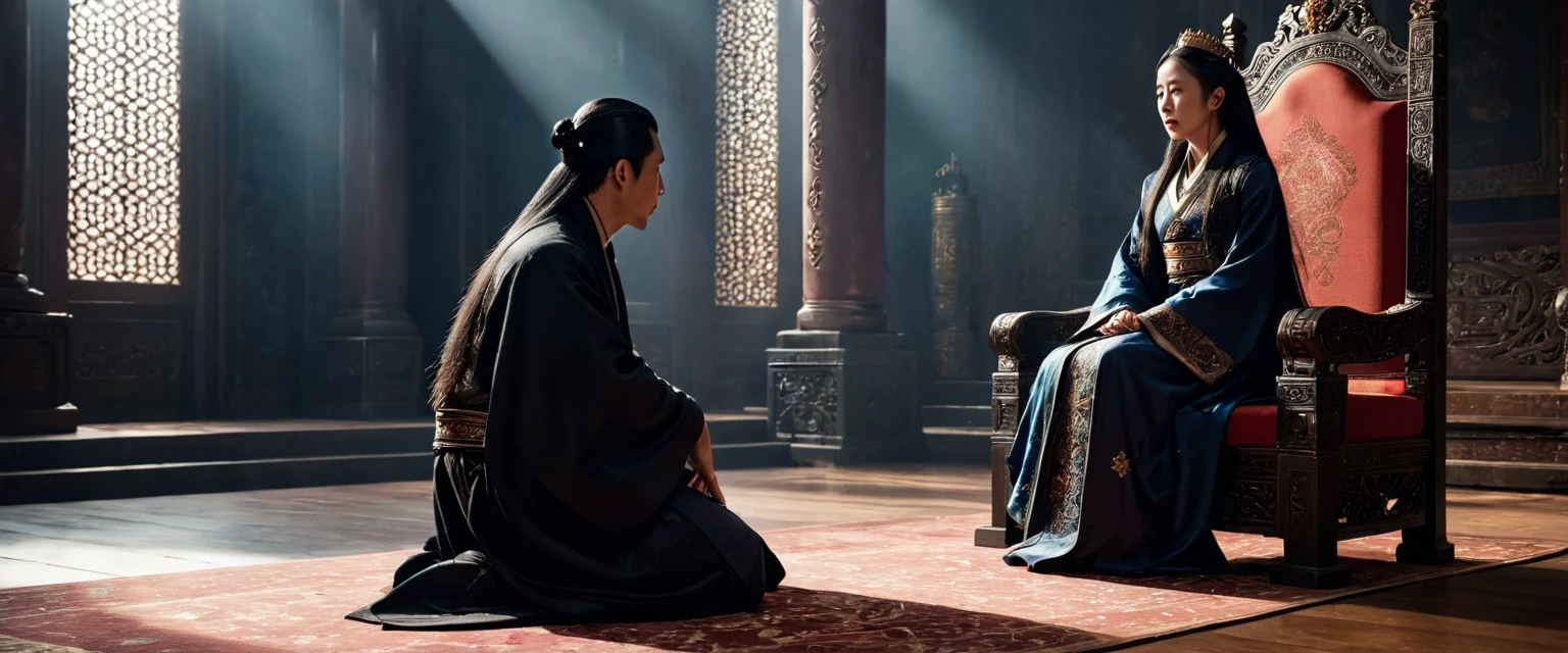 score_9, score_8_up, score_7_up, source_photo, photography, realistic, rating safe, from side, cinematic lighting, ultra detailed, absurdity, 1girl, Wu Zetian, sitting on Throne, hands on knees, looking at boy, long hair, black hair, 1boy, old man is kneeling and prostrating, masterpiece, 8K,