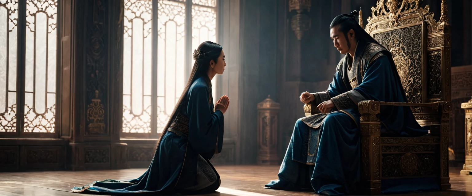 score_9, score_8_up, score_7_up, source_photo, photography, realistic, rating safe, from side, cinematic lighting, ultra detailed, absurdity, 1girl, Wu Zetian, sitting on Throne, hands on knees, looking at boy, long hair, black hair, 1boy, old man is kneeling and prostrating, masterpiece, 8K,