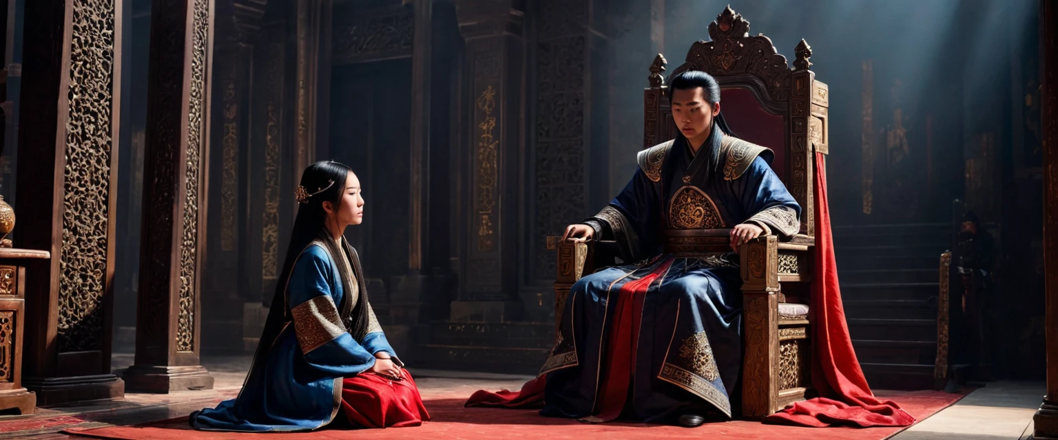 score_9, score_8_up, score_7_up, source_photo, photography, realistic, rating safe, from side, cinematic lighting, ultra detailed, absurdity, 1girl, Wu Zetian, sitting on Throne, hands on knees, looking at boy, long hair, black hair, 1boy, old man is kneeling and prostrating, masterpiece, 8K,