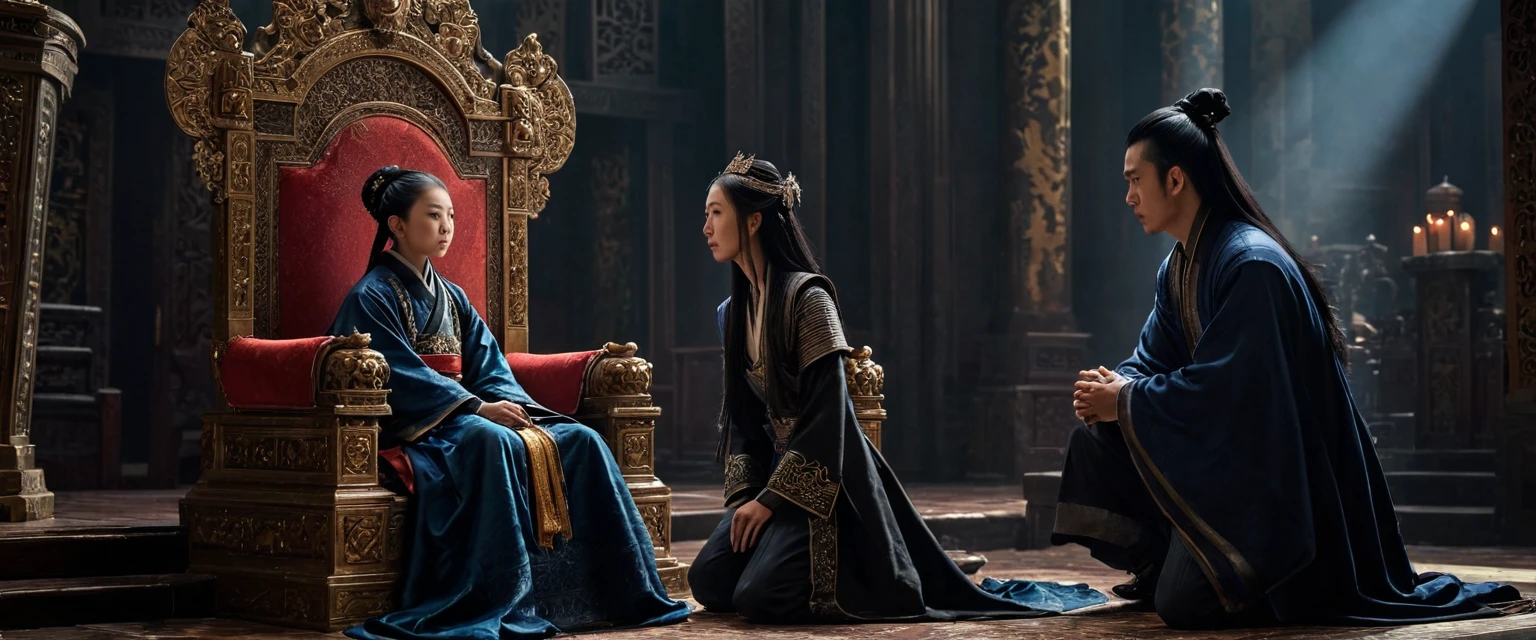 score_9, score_8_up, score_7_up, source_photo, photography, realistic, rating safe, from side, cinematic lighting, ultra detailed, absurdity, 1girl, Wu Zetian, sitting on Throne, hands on knees, looking at boy, long hair, black hair, 1boy, old man is kneeling and prostrating, masterpiece, 8K,