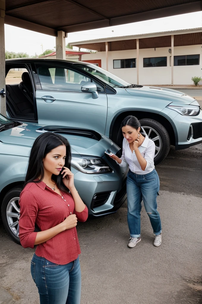 Create an image in which a husband looking to buy a car near car showroon whereas on the opposite side her wife looking a property to buy and simultaneously calling her husband to come to her to see that property