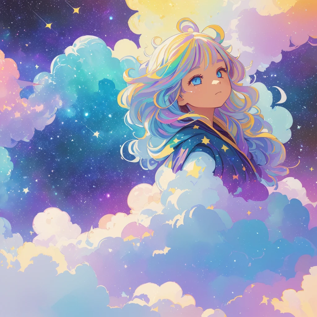 ((masterpiece)), (((best quality))), ((ultra-detailed)), ((illustration)),[realism light effect],shadow,(Fantasy style),(white background:1.6), simple background, (earth theme),(a cloak)[(hair focus,((1girl)),[(big slime hair): (cloud hair):0.3], (hair on background),(high saturation),(hair surrounded by galaxy splashes),)):((her hair is becoming galaxy clouds,:1.27628), (hair and clothes is galaxy clouds and cluster of stars:1.1025),(a cloak is becoming galaxy clouds)(colorful_galaxy_print_clusters_of_stars_print:1.35),((detailed starry sky with colorful galaxy and galaxy clouds):1.2)):0.35], (((masterpiece))),(((best quality))),((ultra-detailed)),(illustration),(dynamic angle),((floating)),(paint),((disheveled hair)),((beautiful detailed face)),collar,bare shoulders, ((colorful hair)),((streaked hair)),beautiful detailed eyes,(Gradient color eyes),(((colorful eyes))),(((colorful background))),(((high saturation))),(((surrounded by colorful splashes))),(((surrounded by colorful dot))),colorful bubble,((shining)),(Teachers who teach in schools),