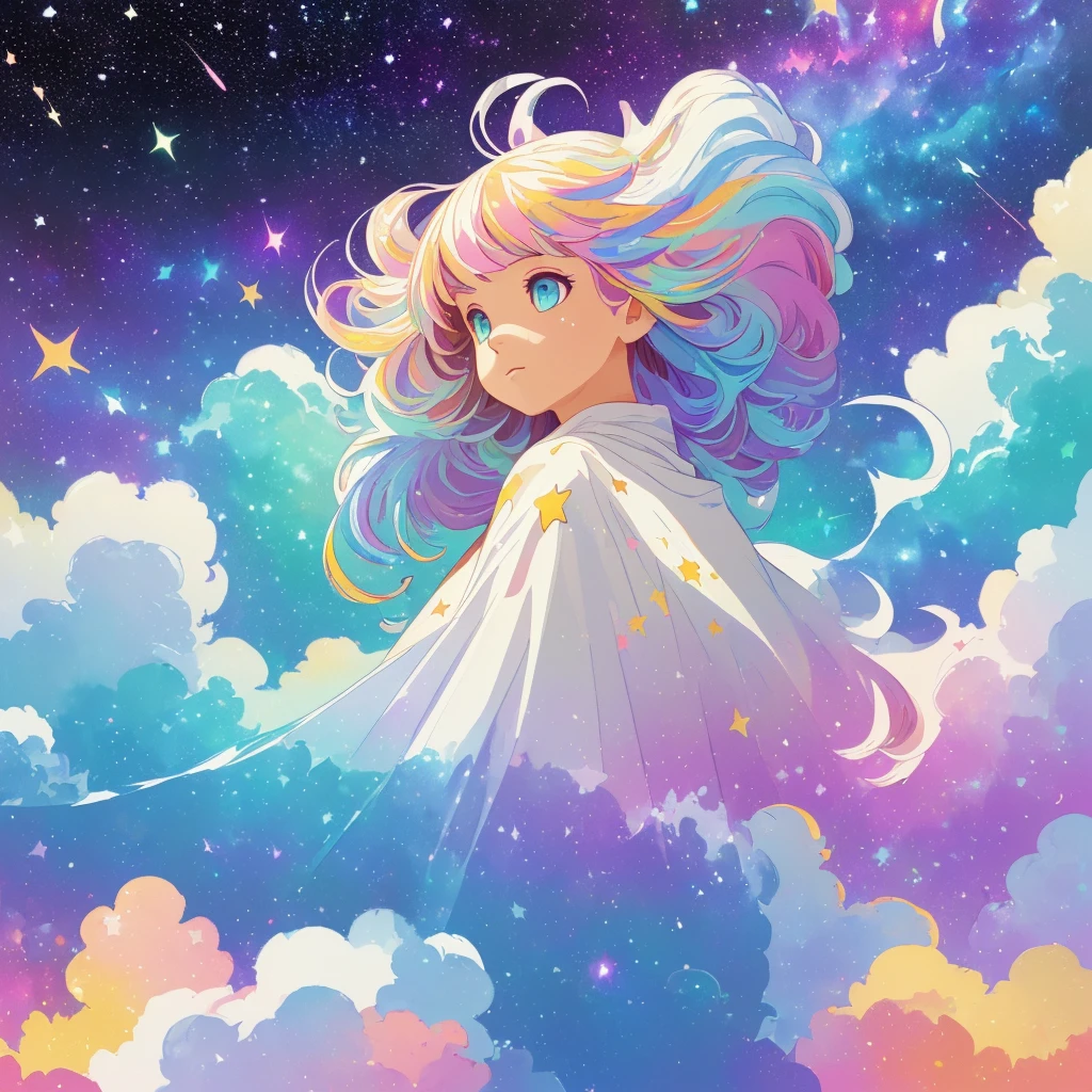 ((masterpiece)), (((best quality))), ((ultra-detailed)), ((illustration)),[realism light effect],shadow,(Fantasy style),(white background:1.6), simple background, (earth theme),(a cloak)[(hair focus,((1girl)),[(big slime hair): (cloud hair):0.3], (hair on background),(high saturation),(hair surrounded by galaxy splashes),)):((her hair is becoming galaxy clouds,:1.27628), (hair and clothes is galaxy clouds and cluster of stars:1.1025),(a cloak is becoming galaxy clouds)(colorful_galaxy_print_clusters_of_stars_print:1.35),((detailed starry sky with colorful galaxy and galaxy clouds):1.2)):0.35], (((masterpiece))),(((best quality))),((ultra-detailed)),(illustration),(dynamic angle),((floating)),(paint),((disheveled hair)),((beautiful detailed face)),collar,bare shoulders, ((colorful hair)),((streaked hair)),beautiful detailed eyes,(Gradient color eyes),(((colorful eyes))),(((colorful background))),(((high saturation))),(((surrounded by colorful splashes))),(((surrounded by colorful dot))),colorful bubble,((shining)),(Teachers who teach in schools),