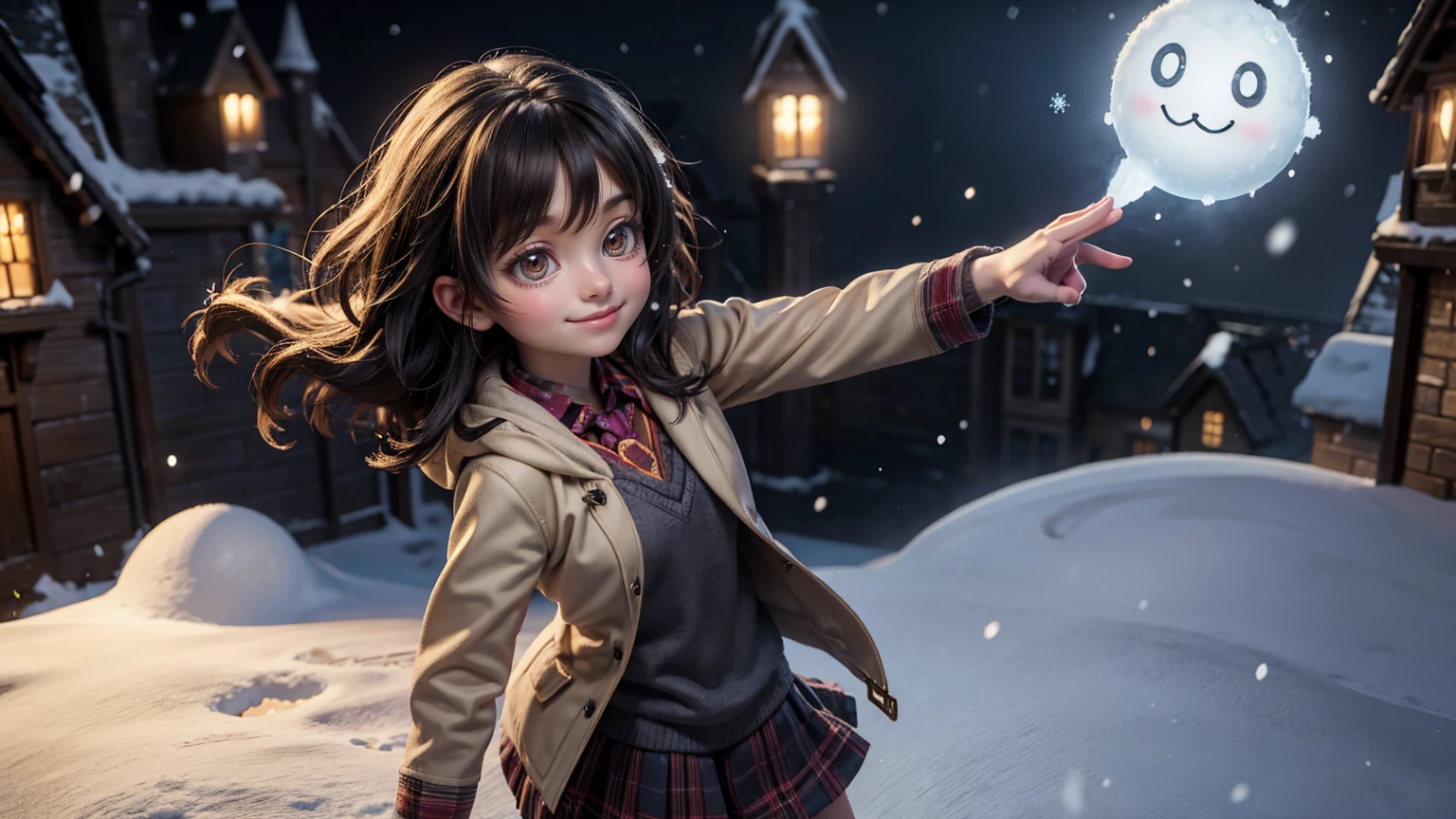 cute smiley bright face girl with standing pose, snow weather, front view of harry potter school, harry potter school