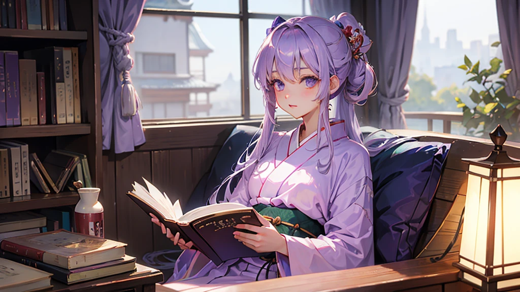 woman　clear　Light purple hair　　kimono　　Anime Style　reading　literature　Study
