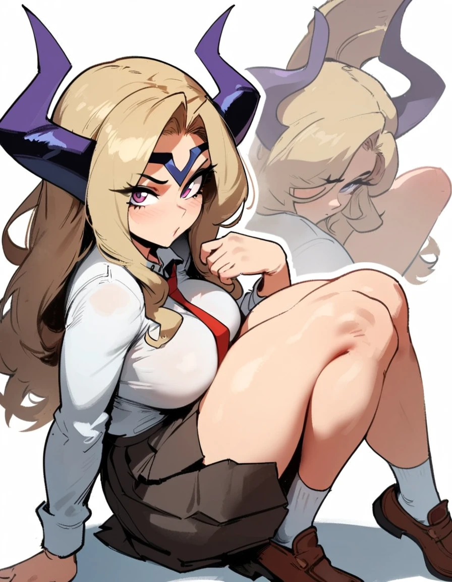 1girl, mount lady, boku no hero academia \\\\\ masterpiece, best quality, very aesthetic, absurdres, newest \\\\\\ sportive body,  \\\\\\  by dodok, nyantcha, cutesexyrobutts, by khyle ///// blonde, purple eyes,  (school uniform:1.2), skirt, , 24 years old, white background,tie,sit, big tits