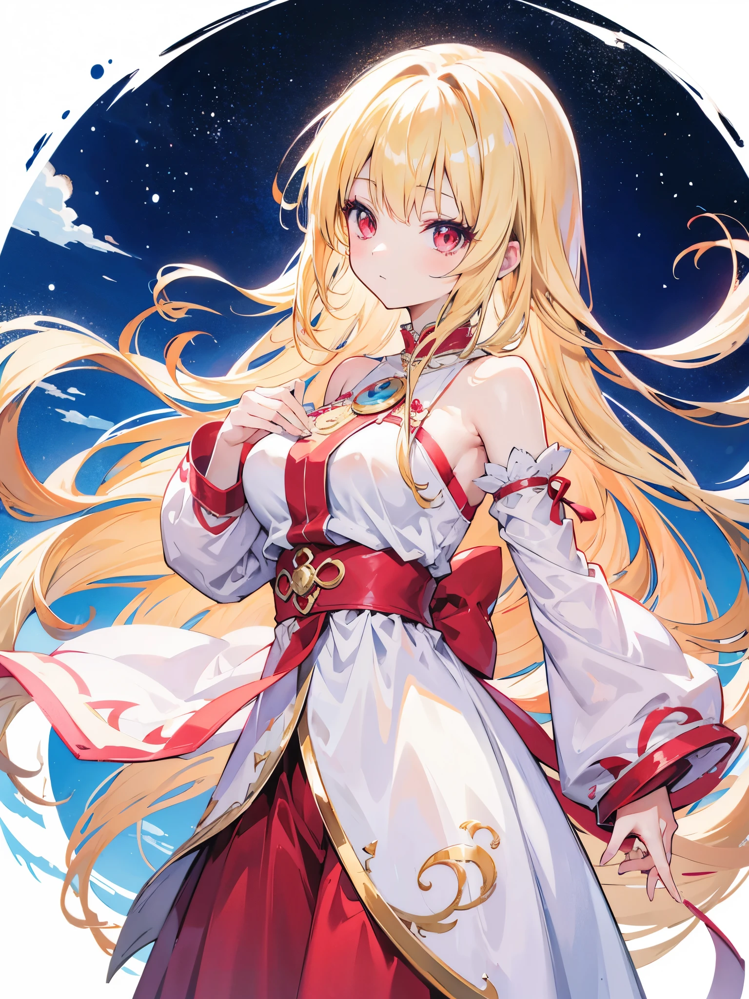 Beige Hair、Side Tail、Very long hair、Shiny Hair、high quality、Red eyes、Anime girl in white top, an anime drawing by Puru, Pixiv, Rasquash, , change in dress, Enchanting anime girl, change, Anime Style, blonde anime girl with long hair, Anime Best Girl, top rated on Pixiv, Anime Goddess、Simple background、White background