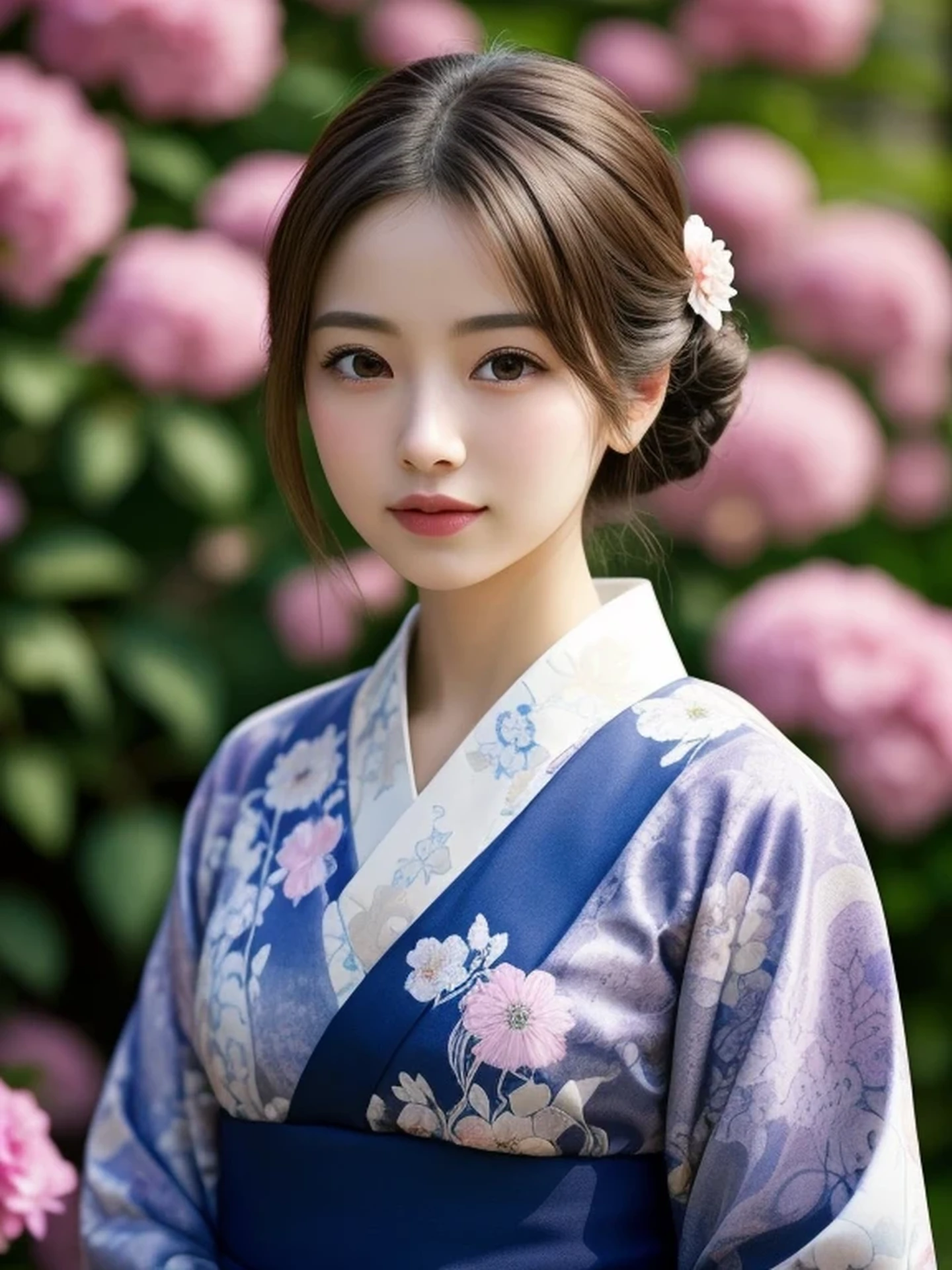 1 Japanese girl, looking up:1.4), (full body shot:1.2), Beautifully detailed eyeballs, catchlight in the eyes, Realistic digital painting of a woman portrait, Shy, Cute, open mouth to say something, happy, brown eyes, (half updo,:1.1), (light brown brunette hair:1.3), (Highly detailed skin:1.2), Mystical style, Global Illumination, Traditional Japanese　floral printed Kimono, A silk kimono with a deep indigo base. temple