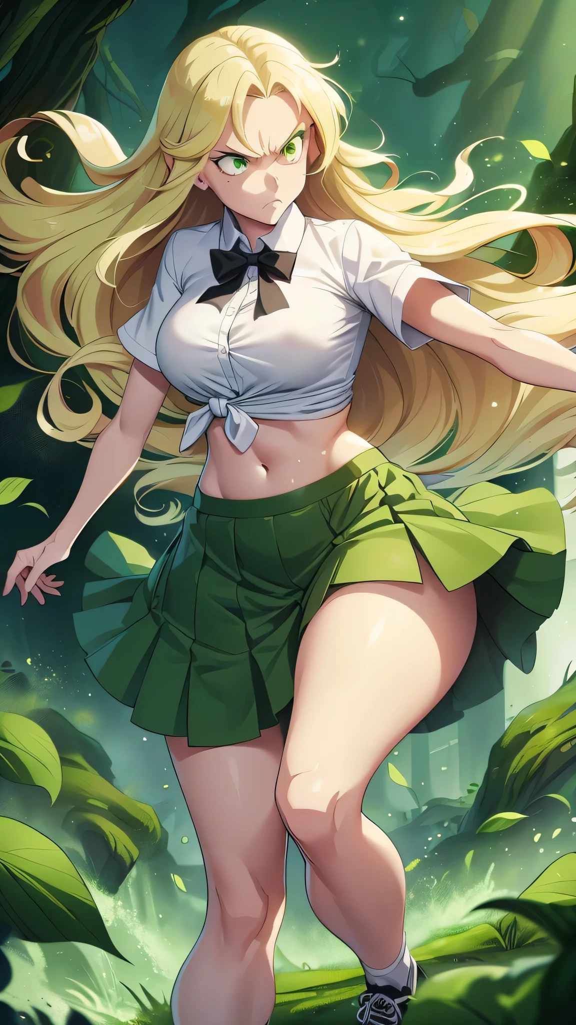 A tall girl beautiful angry upset face angry serious long wavy yellow hair her green eye wears a white shirt button tied knot shows navel sexy curve and her green skirt wearing black heels sneakers fighting combat battle