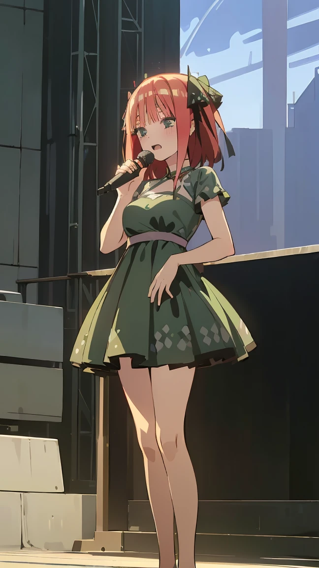 ((masterpiece, best quality)),very detailed, simple eyes, ((((outdoors,standing)))), (((green eyes))), (((medium breasts))),himari uehara, 1girl, (((kawai dress))), (((sing))), (((stage live live))), (((use microphone))),, nakano nino