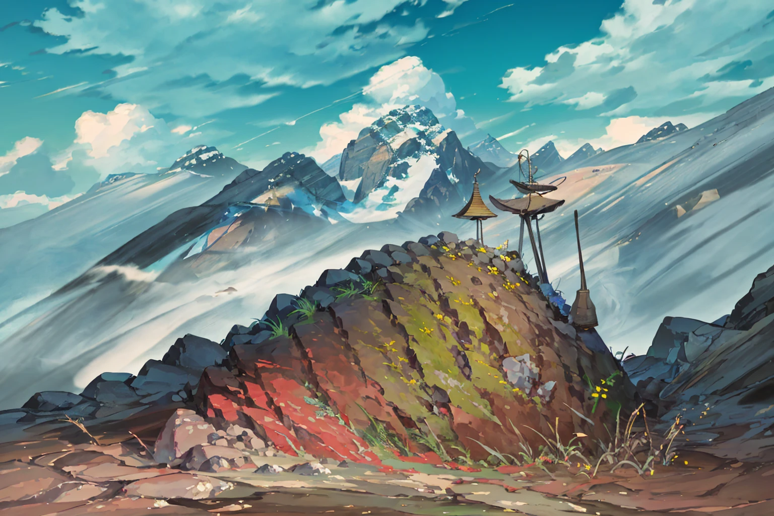 summer, rocky area, rock formation, (illustration : 1.0), Narrative composition, realistic lighting, HD detail, masterpiece, best quality best, (Highly detailed CG integrated 8k wallpaper), wide and flat rocky area, A small, sharp, rough rock at the top of the screen.
