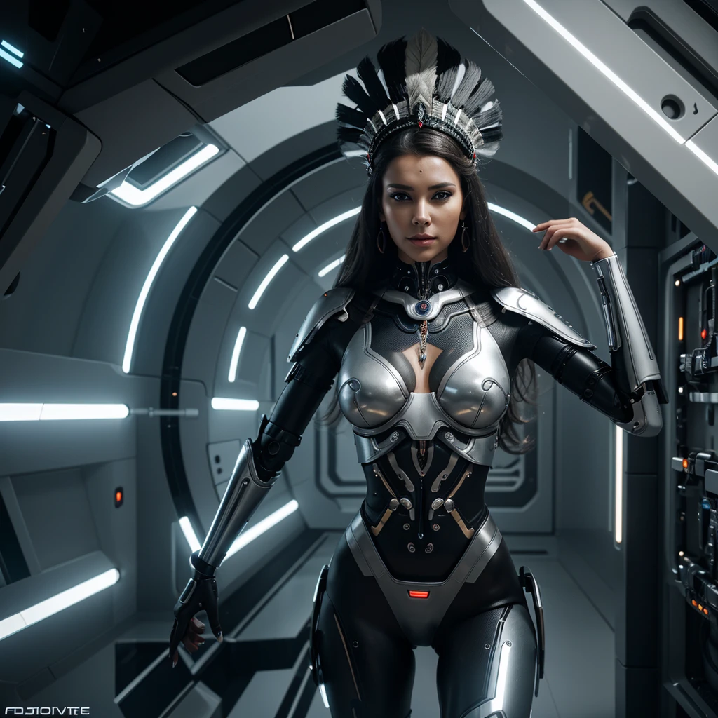 woman in headdress, full length, seductive, very detailed visual portrait, futuristic робототехник, nice, extremely detailed shot of the goddess, beautiful cyborg girl, Jason Angle, keyframe, anthropomorphic _ Humanoid, futuristic, realistic and high quality. With a good and seductive figure and look
