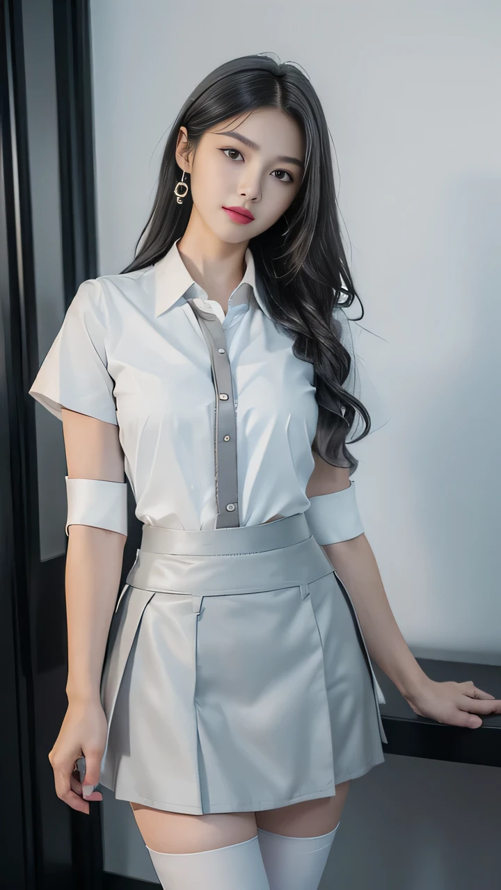 (global lighting, realism, ray tracing, HDR, unreal rendering, reasonable design, high detail, masterpiece, best quality, ultra-high definition, movie lighting),movie lighting,front light,volume lighting,(EOS R8, 50mm, F1.2, 8K, original photos, XL-YIER-occupation, a girl, a 20-year-old girl from China, Black eyes, high-definition facial details, moist lips, long black hair and curly hair, beautiful face, pure face, fair skin, pure and sweet face, solo, smile, reality, watching the audience, long hair, makeup, Office girl, computer desk, data cabinet-folder, white shirt, gray skirt, pencil skirt, pantyhose, white skin, pale skin, (white shirt-short skirt-professional suit: 1.5), (white collared shirt: 1.8), (gray short skirt: 1.8), (white high heels: 1.5), (white high heels:1.5).,