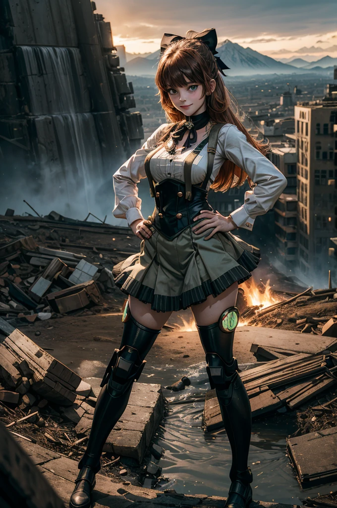 cowboy shot, dynamic pose, smile,  underbust, Penny Polendina, long hair, neck ribbon, suspender skirt, corset, black bow, white blouse, mechanical legs, neon trim, standing in city ruins on hill, in valley, hand on hip, BREAK mountains in background, waterfall, crowd, (crowd in military uniform), bonfires, post-apocalypse, dystopian future, (volumetric lighting), intricate details, tonemapping, sharp focus, hyper detailed, 

