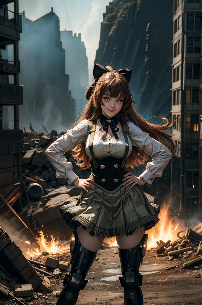 cowboy shot, dynamic pose, smile, underbust, Penny Polendina, long hair, neck ribbon, suspender skirt, corset, black bow, white blouse, mechanical legs, neon trim, standing in city ruins on hill, in valley, hand on hip, BREAK mountains in background, waterfall, crowd, (crowd in military uniform), bonfires, post-apocalypse, dystopian future, (volumetric lighting), intricate details, tonemapping, sharp focus, hyper detailed,