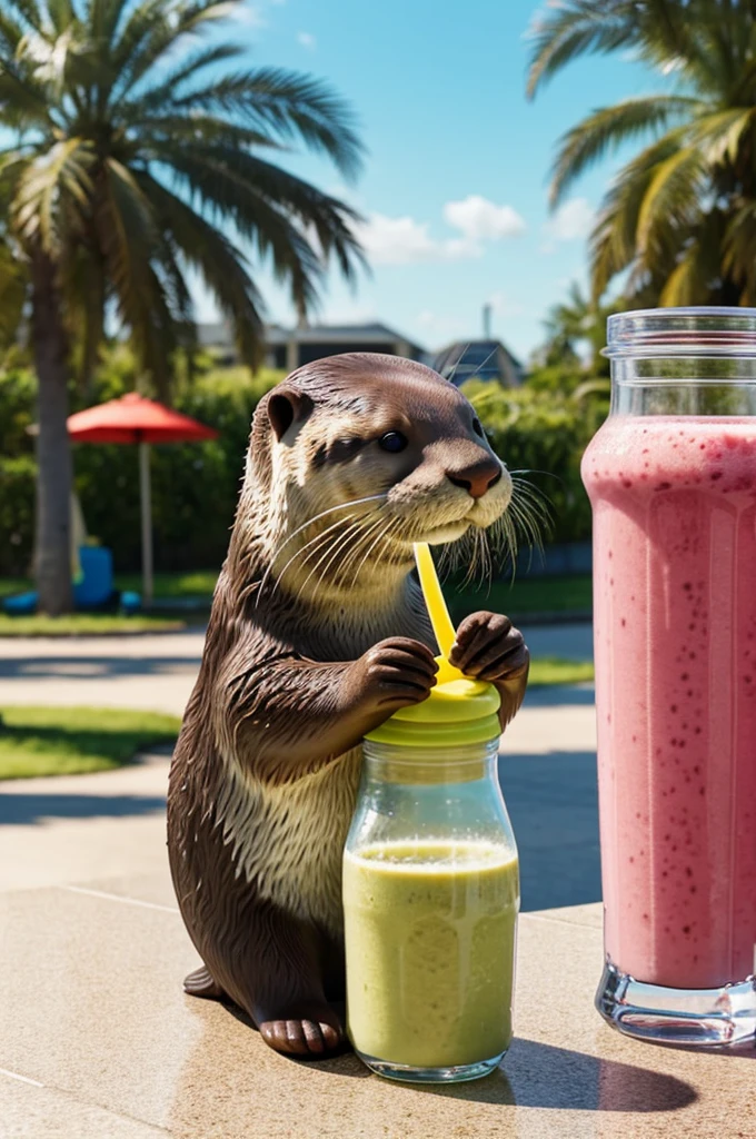 an otter having a smoothie in a shaker on a realistic sunny day