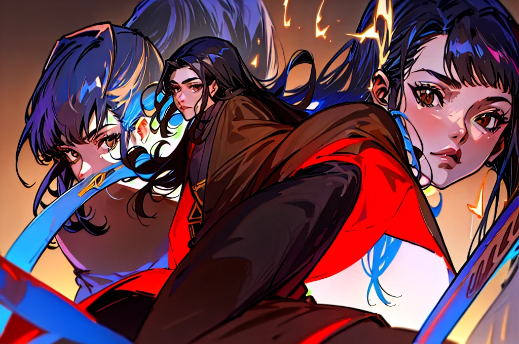 A 19 year old man with long black hair wearing a brown robe and a Dark Abys Katana Model Sheet
