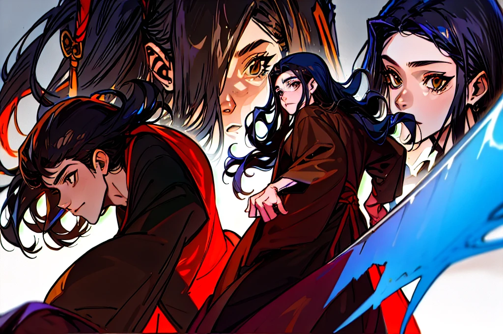 A 19 year old man with long black hair wearing a brown robe and a Dark Abys Katana Model Sheet