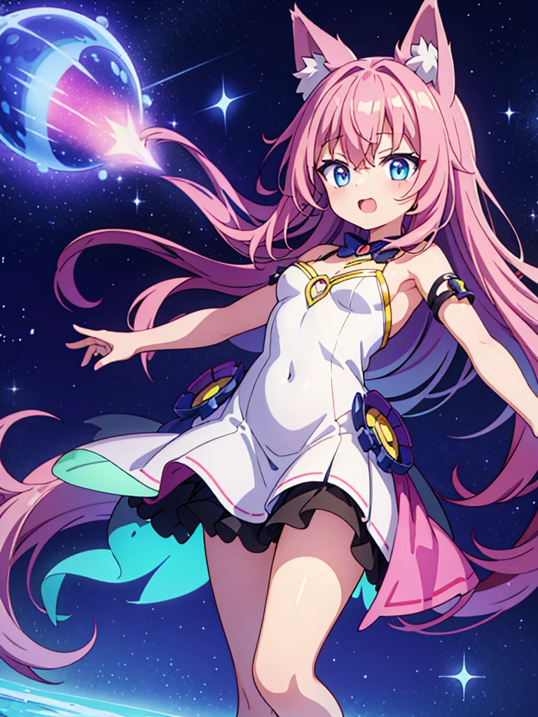 Anime style,shota,wolf ears tail,rainbow 7colors gradation stars glitter shining glowing prism Aurora Borealis Glimmering dress,Flying into the sky, shining like a goddess, she is truly divine,Spread arms horizontally,laugh,