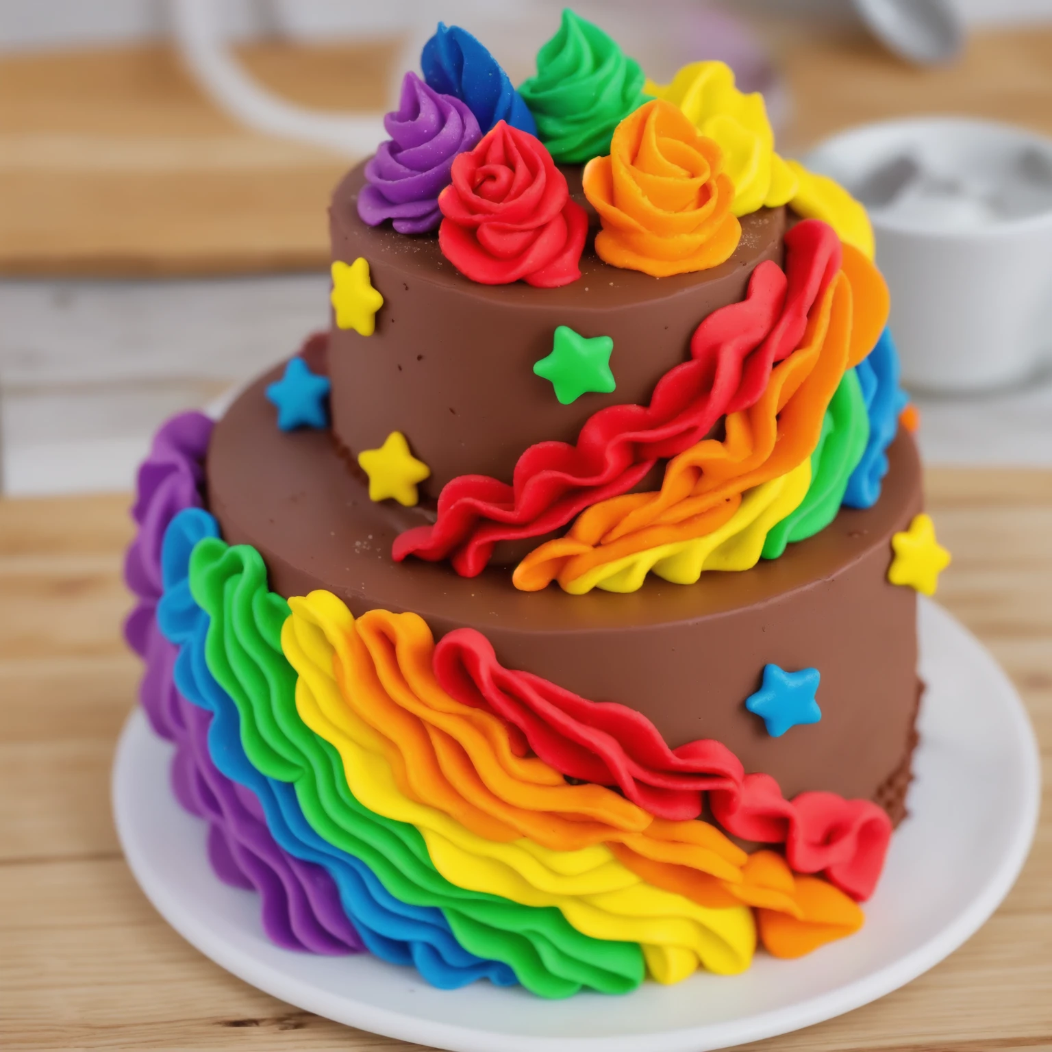 on a wooden table. there is a white plate. double tier chocolate cake, rainbow cream in the form of ruffles, decorated with rainbow stars made of polymer clay, multi-colored cream on top, against the background of the kitchen, Beautiful light from the window, Contour light, several light sources, beautiful lighting, Bright light source, bright lighting, beautiful light sources, Multiple light sources, Realistic style , realistic texture, detailed texture, A high resolution, high quality, beautiful photo of the cake, advertising photo, macro photography
