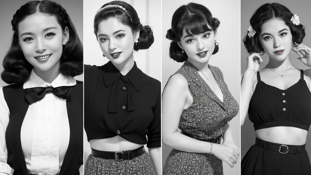 (1940s cute girl:1.3), (1girl:1.3), (smile shyly), (highly detailed face), (extremely detailed beautiful face), (Early Showa hairstyle, retro hairstyle, 1940 fashionable clothing, oldies fashion:1.4), (Best Quality:1.4), (Ultra-detailed), extremely detailed CG unified 8k wallpaper, Realistic portrait, Beautiful detailed, High-definition raw color photos, professional photography, (fine face:1.2), focus on women, (oldies, oldies songs, Old photos, retro photos, sepia photos, black and white photos, valuable photos that give you a sense of the times), (A scene from a retro dance musical movie from the 1940s:1.2),
