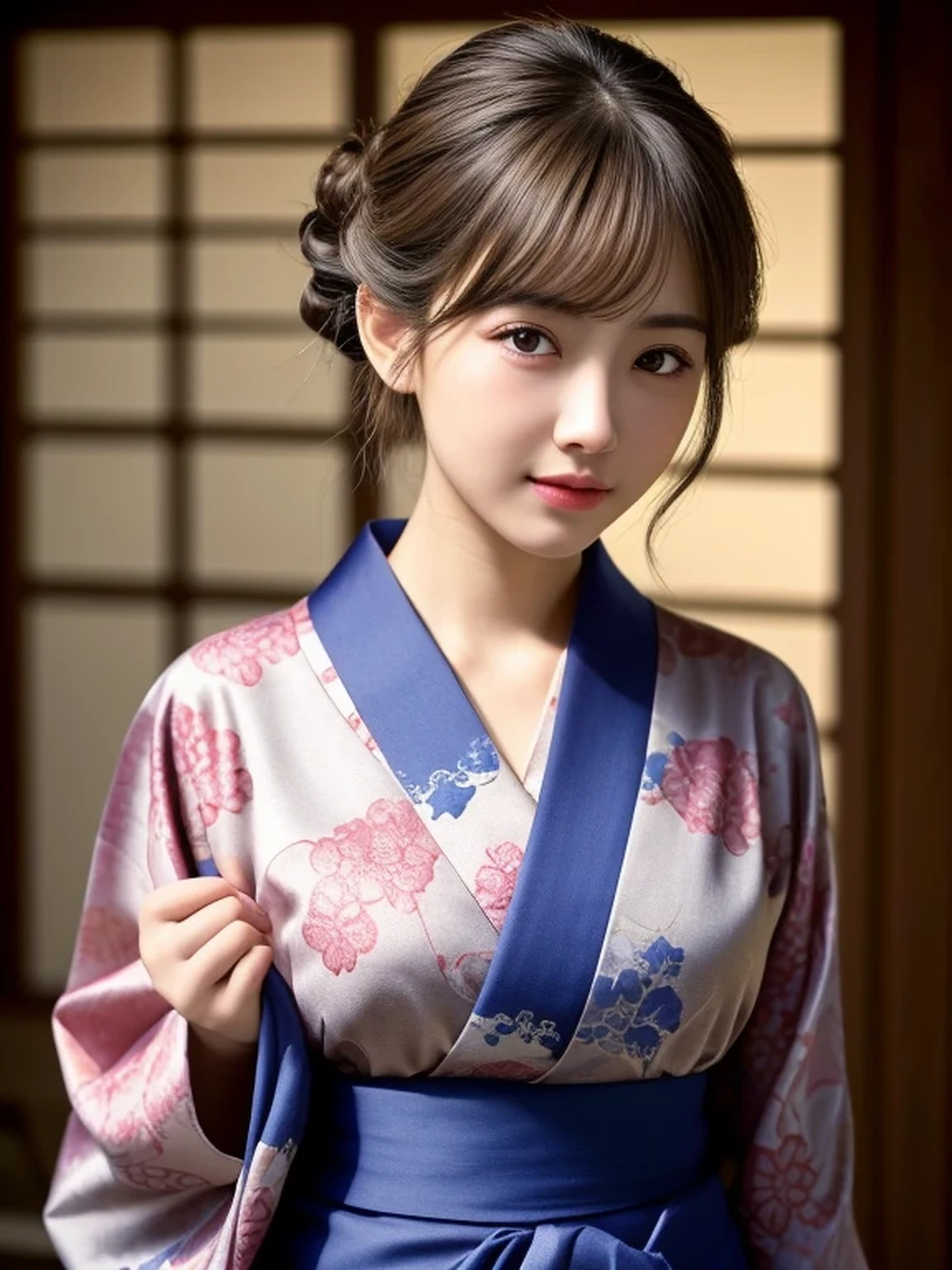 1 Japanese girl, looking up:1.4), (full body shot:1.2), Beautifully detailed eyeballs, catchlight in the eyes, Realistic digital painting of a woman portrait, Shy, Cute, open mouth to say something, happy, brown eyes, (half updo,:1.1), (light brown brunette hair:1.3), (Highly detailed skin:1.2), Mystical style, Global Illumination, Traditional Japanese floral printed Kimono, A silk kimono with a deep indigo base. temple