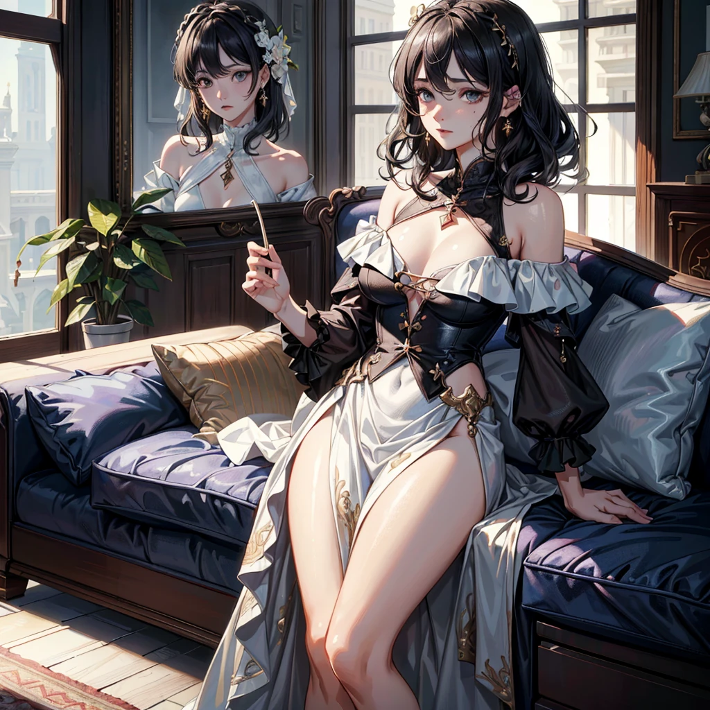 ((((absurdres, RAW photo, extremely delicate and beautiful, masterpiece, Best Quality, ultra high resolution, 32k, hyperrealistic, ultra-detailed)))), in her 20s, very Slim body, narrow waist, very small head, very small face, delicate facial features, beautiful face, beautiful eyes, ((very huge round tits)), medium hair, black hair, wavy hair, tearful mole, earring, full body shot, off-the-shoulder cut top, sofa,