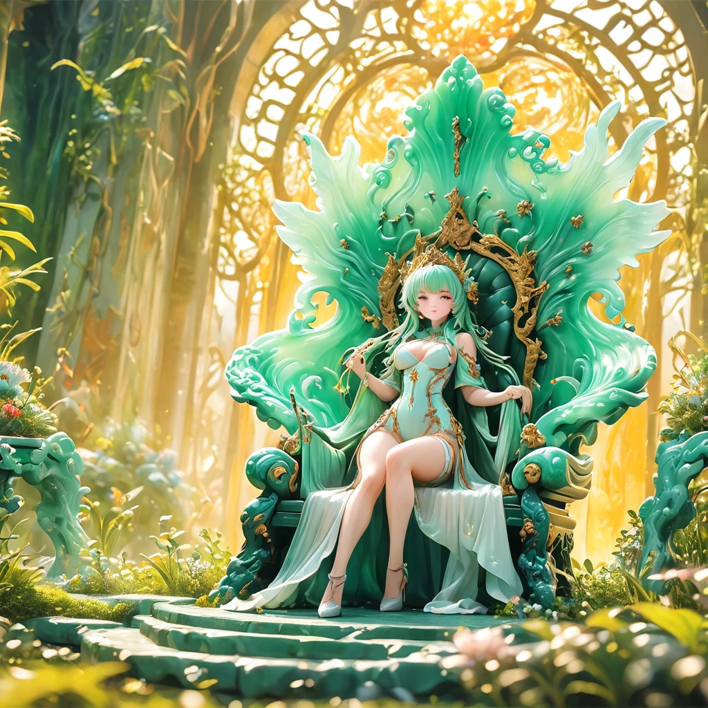 best quality, very good, 16K, ridiculous, Very detailed, gorgeous((( Throne 1.3)))，Made of translucent jadeite, Background grassland（（A masterpiece full of fantasy elements）））， （（best quality））， （（Intricate details））（8K）