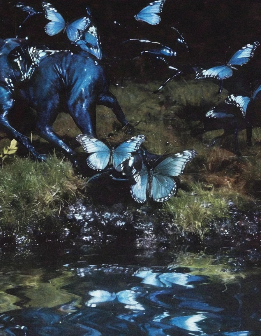 giant beautiful butterflies in black water, bangkok at night background