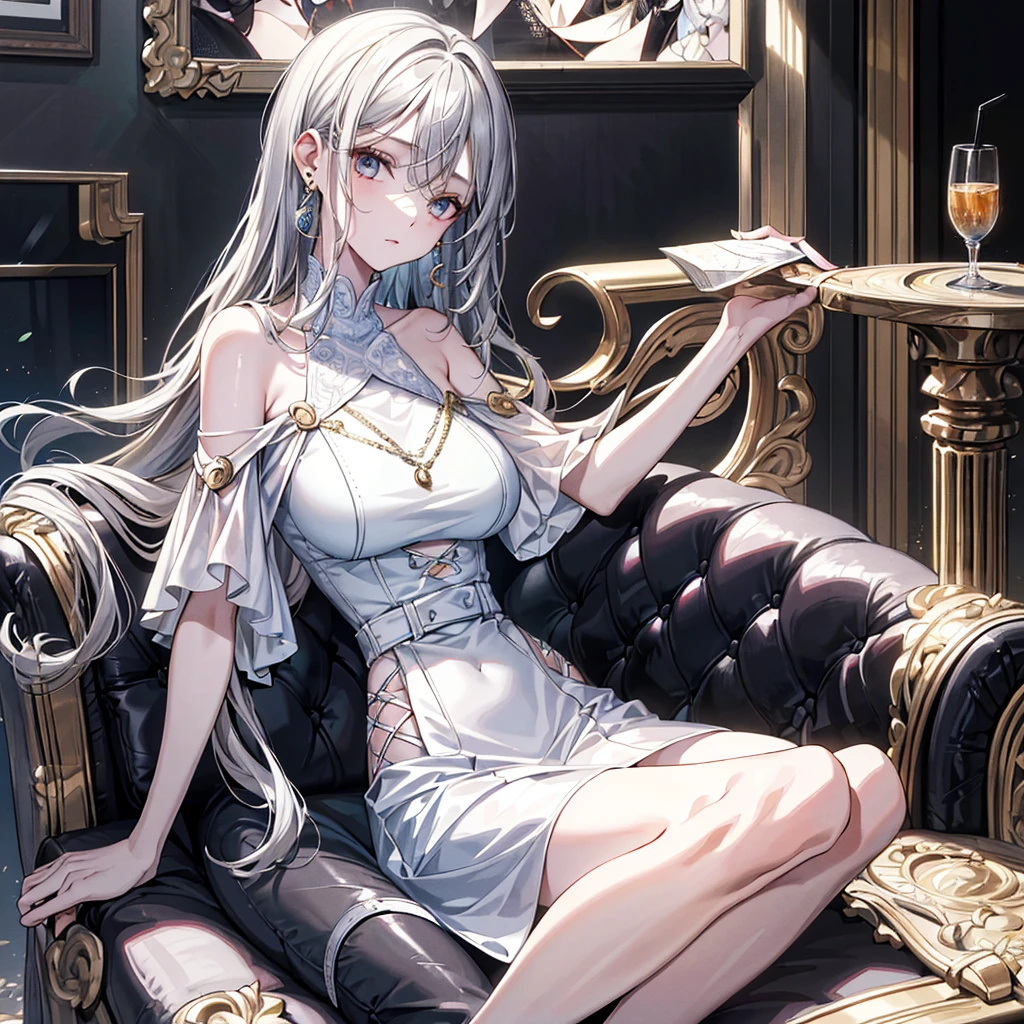 ((((absurdres, RAW photo, extremely delicate and beautiful, masterpiece, Best Quality, ultra high resolution, 32k, hyperrealistic, ultra-detailed)))), in her 20s, very Slim body, narrow waist, very small head, very small face, delicate facial features, beautiful face, beautiful eyes, ((very huge round tits)), medium hair, black hair, wavy hair, tearful mole, earring, full body shot, off-the-shoulder cut top, sofa,