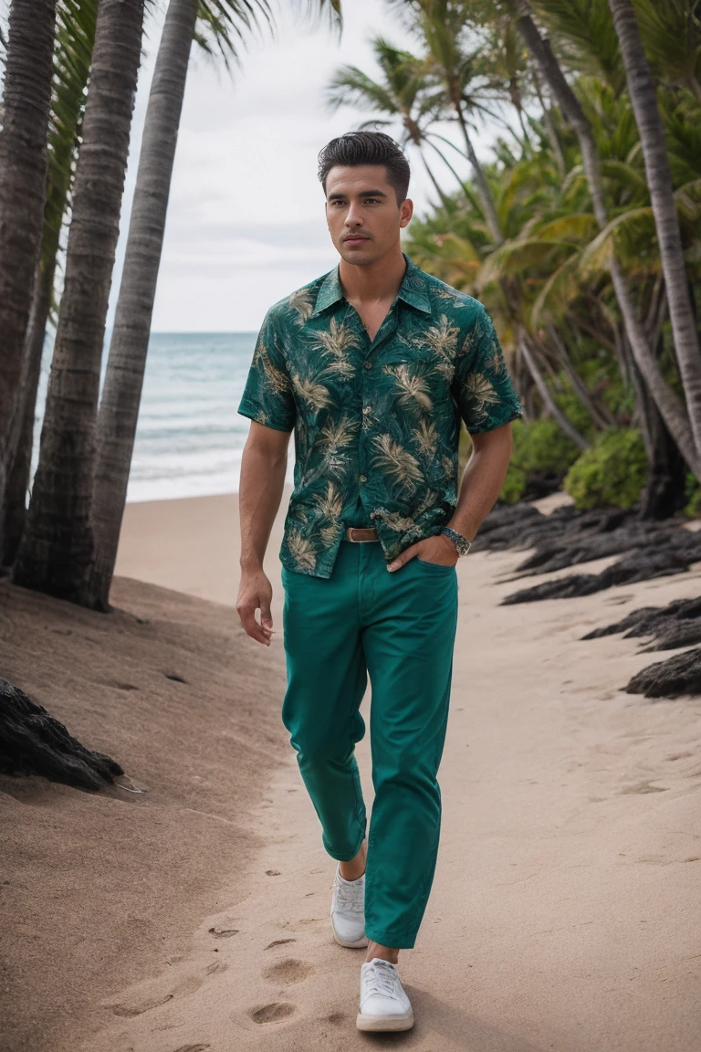 8k uhd, dslr, high quality , RAW photo, Realistic Photography , Full Body, Fujifilm XT3, Canon R5, Handsome Men , beach , Hawaiian shirt and loose green pants