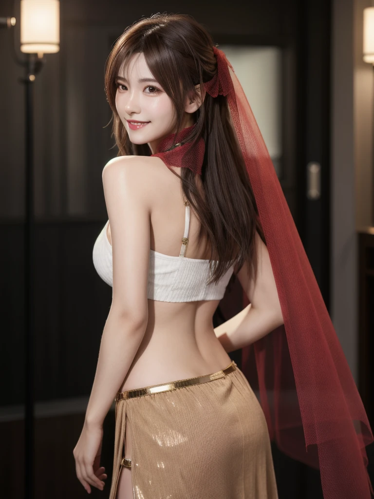 high quality picture, masutepiece, detailed hair texture, Detailed skin texture, Detailed Cloth Texture, 8K, Add fabric details, ultra detailed skin texture, ultra detailed photographic, Skin pores,light smile, full body(bellydancer,veil),half updo,large breasts,light brown hair, from behind, 