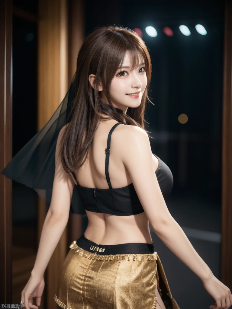 high quality picture, masutepiece, detailed hair texture, Detailed skin texture, Detailed Cloth Texture, 8K, Add fabric details, ultra detailed skin texture, ultra detailed photographic, Skin pores,light smile, full body(bellydancer,veil),half updo,large breasts,light brown hair, from behind, 
