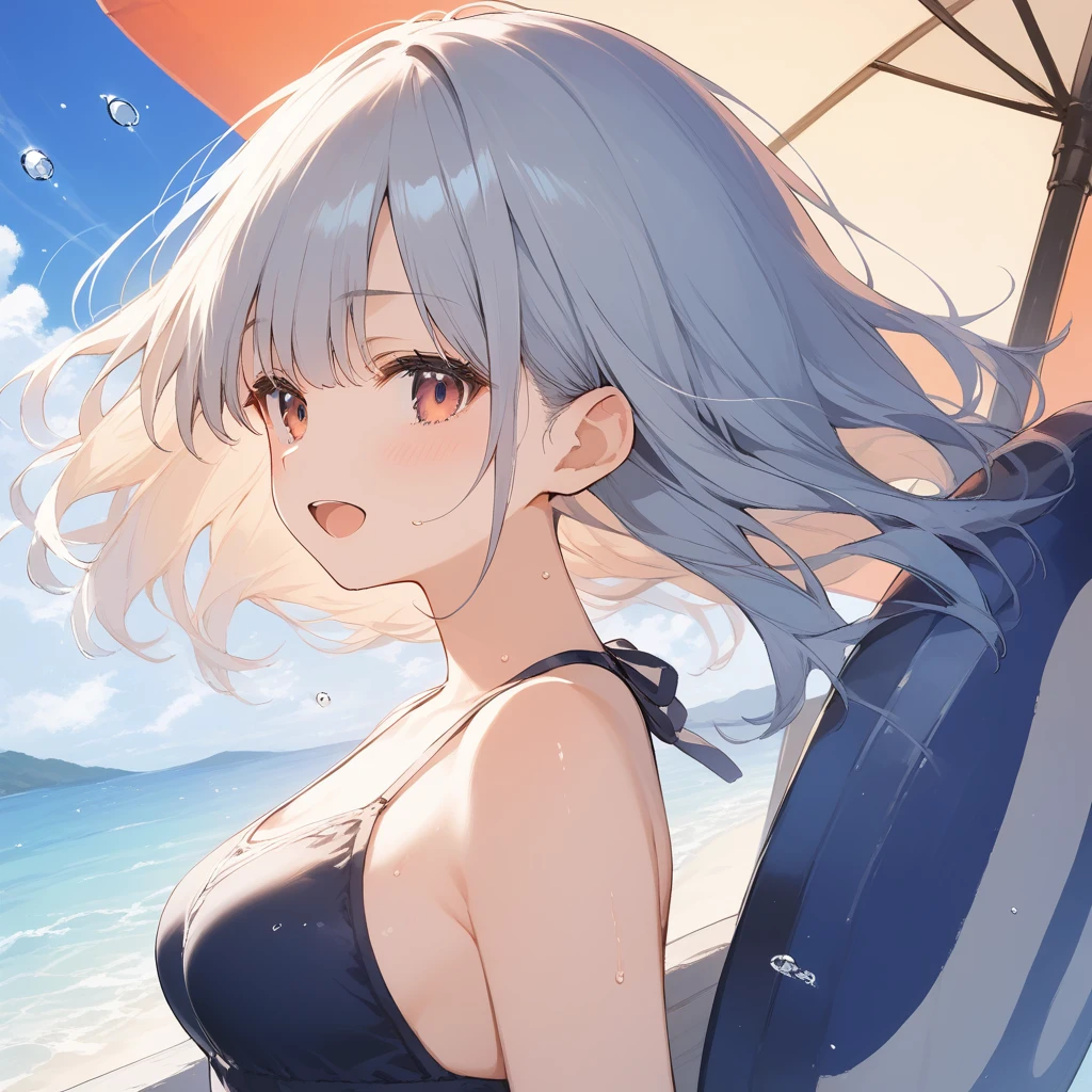 score_9, score_8_up, score_7_up, source_anime, best quality, masterpiece, official art, absurdres, highres, ultra-detailed,waifu2x,Collection: Slice of Life,break,1girl, short hair, medium breasts, beautiful detailed eyes, swimsuit, sweat, open mouth, (tongue:0.3), sleepily, ocean, outdoors, wind, break,(clear line illustration:1.2),very high resolution, very aesthetic, super detailed skin, Best sexual lighting powered by famous artist, 8k,cute picture,beauty illustration,photoshop_(medium),,(Detailed Lighting),best anime 8k konachan wallpaper, pixiv contest winner,