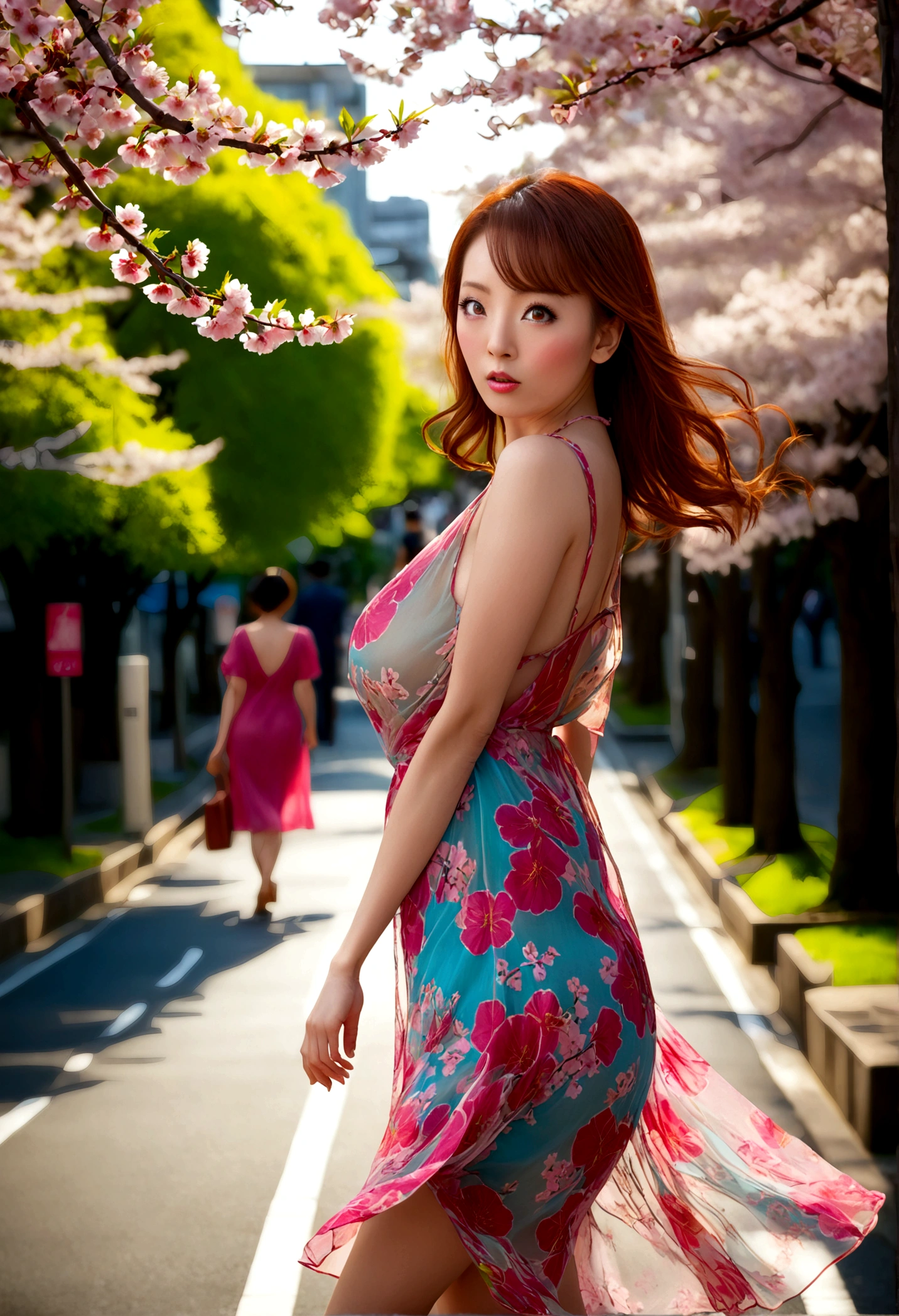 a lovely woman in a sheer brightly colored summer dress, carefree and flirting, low traffic sidewalk in Tokyo, detailed face and body, beautiful detailed eyes, beautiful detailed lips, extremely detailed eyes and face, long eyelashes, masterpiece, photorealistic, 8k, ultra-detailed, vibrant colors, natural lighting, cinematic, hyper-realistic, atmospheric, detailed environment, cherry blossom trees, warm tones, shallow depth of field, dappled sunlight. View from behind. Gentle breeze no panties
