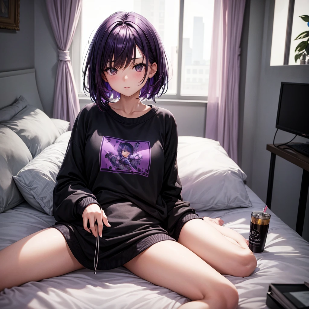 best qualityer, work of art, high resolution,girl with short purple hair brown eyes with black sweatshirt,bedroom with led 