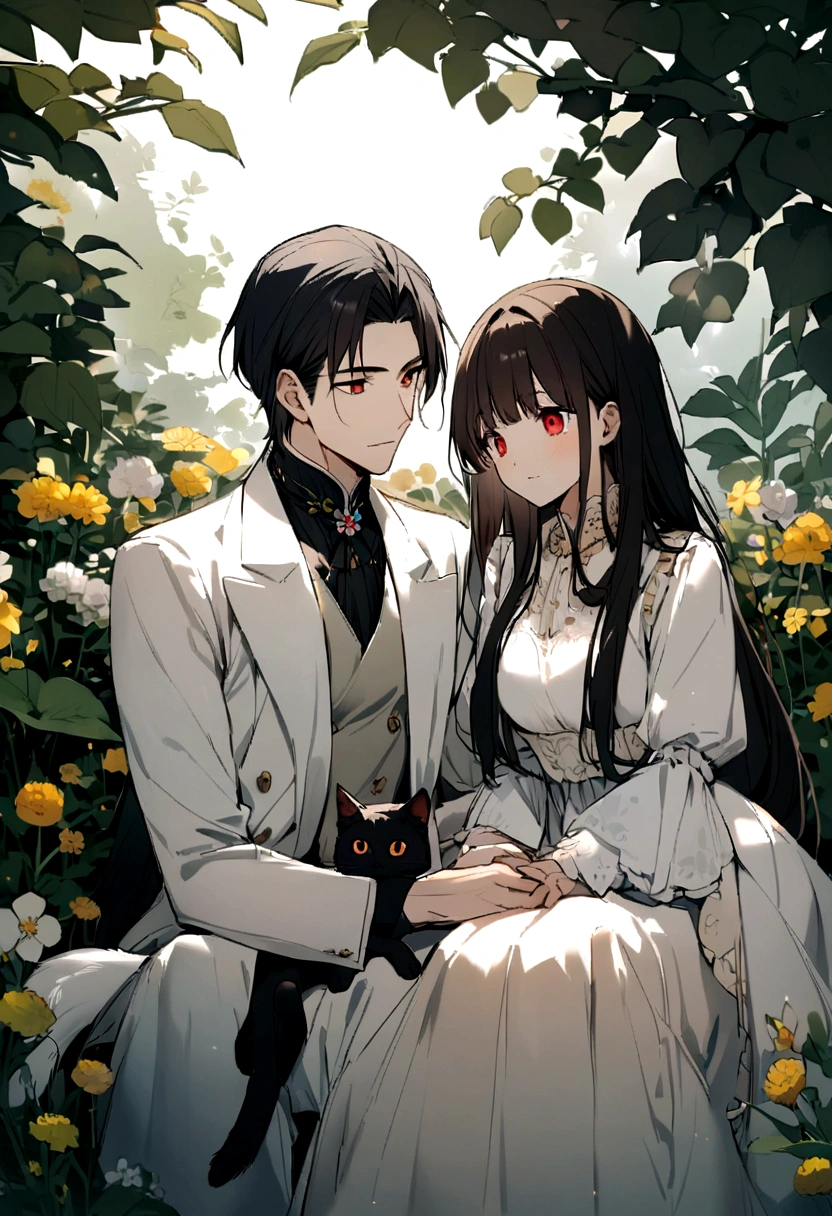 a handsome man who looks like a white fox who has red eyes, sitting together with a beautiful brown-eyed girl with long black hair, who looks like a cat,they were in the meadow flower garden