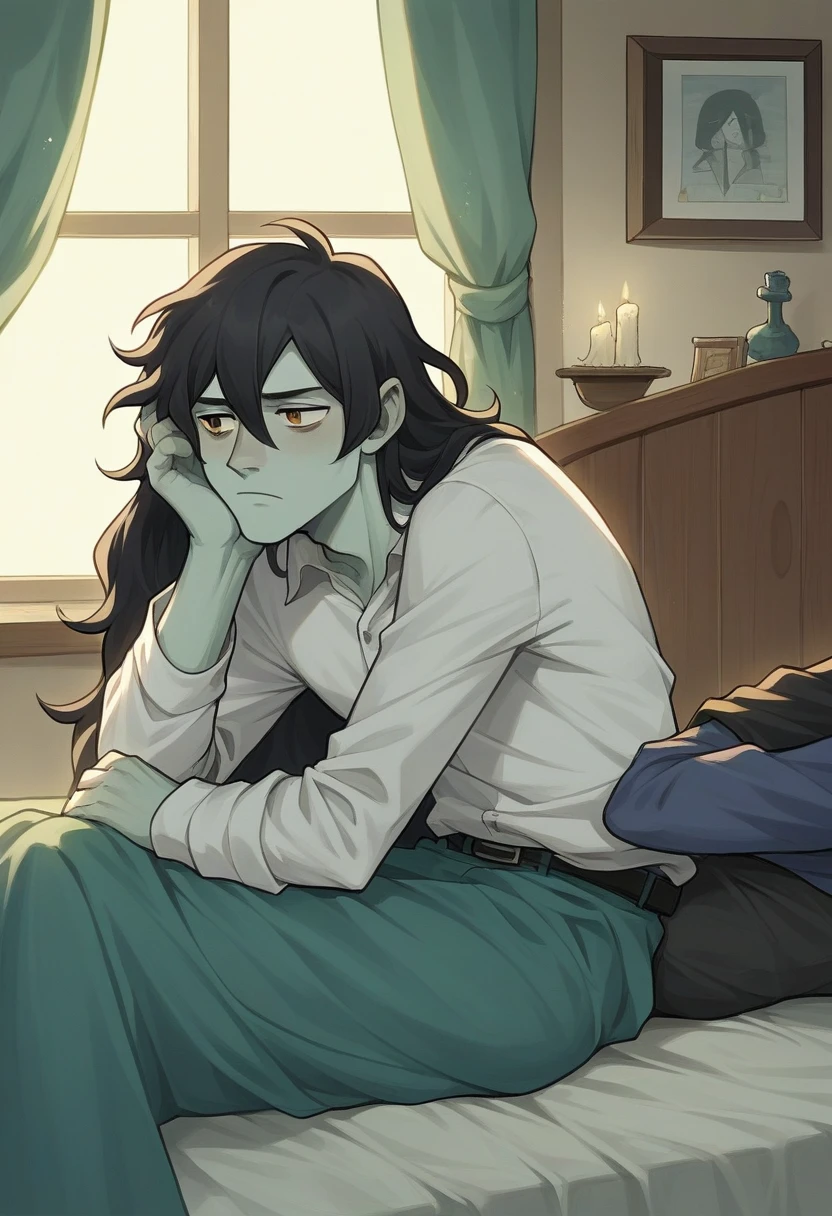 An interior scene in a modest room in a 19th century rural house. Marcelino Champagnat, a young man between 25 and 30 years old with dark brown hair, slightly disheveled, wear a simple white shirt, dark pants and a jacket. Está de pie junto a la cama de un adolescente enfermo llamado John the baptist Montanez. Marcelino tiene una expresión de asombro y preocupación mientras conversa con John the baptist. John the baptist, pale and weak, is lying in bed, covered with a wool blanket. The room is simple, with wooden walls, a small table with a lit candle and a window that lets in daylight. Marcelino is leaning slightly forward, showing interest and empathy, while holding the young man&#39;s hand, who reveals that he had never heard of God before. comic style