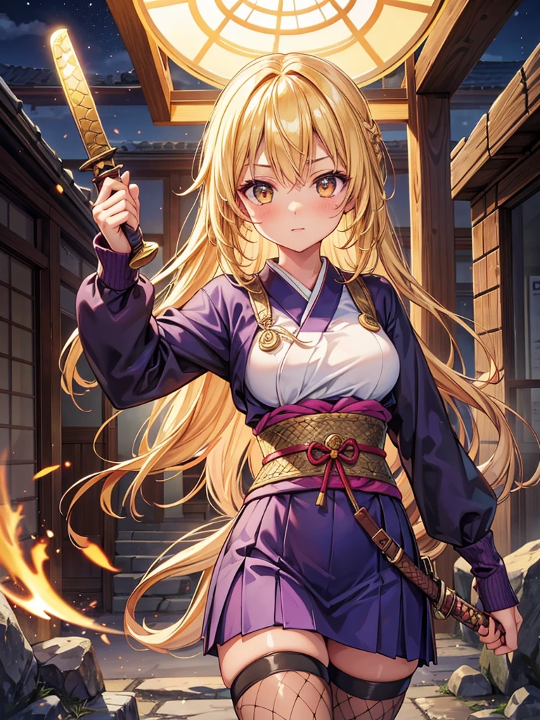 (Highest quality、High resolution、8k、masterpiece:1.2)。Her eyes were shining like stars、Squat、squat。Battle Girl、Looking down but eyes looking straight ahead。Aggressive fighting stance。Crouched down and glaring at the viewer。Her bangs are tied up so that her forehead is visible。Using a Japanese sword as a walking stick to support one&#39;s body。1 girl、Hair that stands on end、Twin tails that rise up、Long Hair、Disheveled Hair、Hair swaying in the wind、kimono、kimono、長袖の赤と黒の花柄のkimono、（background：Kyoto、night、Streets bathed in the light of the bathhouse）、Kyoto、period drama、長いkimonoの袖、Holding a Japanese sword、backgroundのぼやけ、Tattoo、Depth of written boundary。Reflection in a puddle。geta、tabi、Showing teeth。smile、sunglasses。hair ornaments。