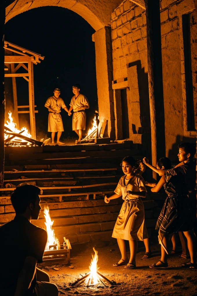 Villagers dancing at night around a bonfire