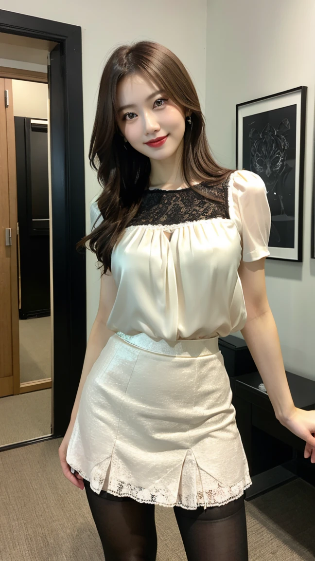 highest quality, masterpiece, 8K, ultra high resolution, (realistic: 1.4), 1 girl, beautiful face, symmetrical eyes, Japanese, smile, brown hair, perfect body proportions, full body, smile , large breasts, high heels, wearing makeup , pantyhose, (tight laced fabric blouse), ((white lace fabric blouse)), ((silk black color skirt)), ((tight fitting skirt )), (laced short sleeve) , rooftop, model pose , (legs shown: 1.4)