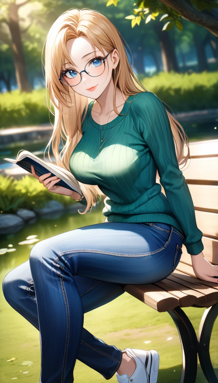 best quality, highres, 8k, masterpiece, immersive atmosphere, chiaroscuro:(1.5, bright light:1.2, luminous lighting), blurring, (background blur:1.5),
(dynamic angle, seductive pose:1.2, sitting), park, pond, bench, (legs focus, full body:1.5), delicate features, (beautiful face, beautiful eyes, beautiful legs), not safe for work, (opaque:1.5), high contrast, SDXL,
1girl, (25 years old:1.5), white skin, blue eyes, (reading glasses:1.2), blonde hair, straight hair, long hair, (forehead:1.2), bright lips, seductive smile, (slender figure:1.1), (green sweater:1.2), large breast, hard nipples, (jeans pants:1.4, blue jeans:1.4, skinny jeans:1.2), (white sneakers:1.2),