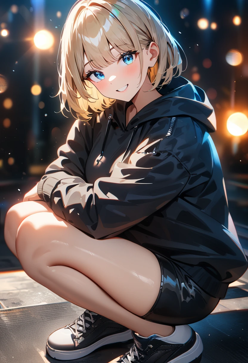 (((One girl))), Shibuya, street, blond hair, bob cut, (looking at viewer), (((full body))), squatting, spread legs, arm between legs, breasts, teenager, head tilt:1.3, (((blue eye))), constricted pupils, (from side:1.3), ((happy smile)), (((black hoodie:1.3, black shorts:1.3))), bare legs, ((black platform high cut sneakers)), anime style, (best quality, 4k, 8k, highres, masterpiece:1.2, ultra-detailed, ultra-detailed eyes, HDR, UHD, studio lighting, ultra-fine painting, sharp focus, physically-based rendering, extreme detail description, professional, vivid colors, bokeh)