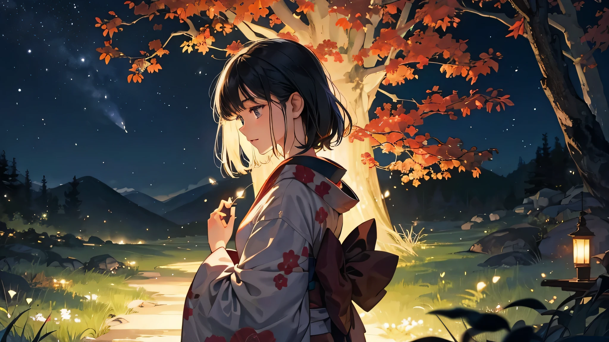 Japanese night、Deep in the forest、night、Firefly Light、A girl in a kimono points her palms towards the sky
