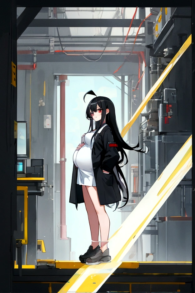 (high quality), 1girl, long black hair, two tone hair, simple ahoge, young girl, at workshop, lab coat, short skirt, engineer, drafter, computer, pregnant, look at viewer