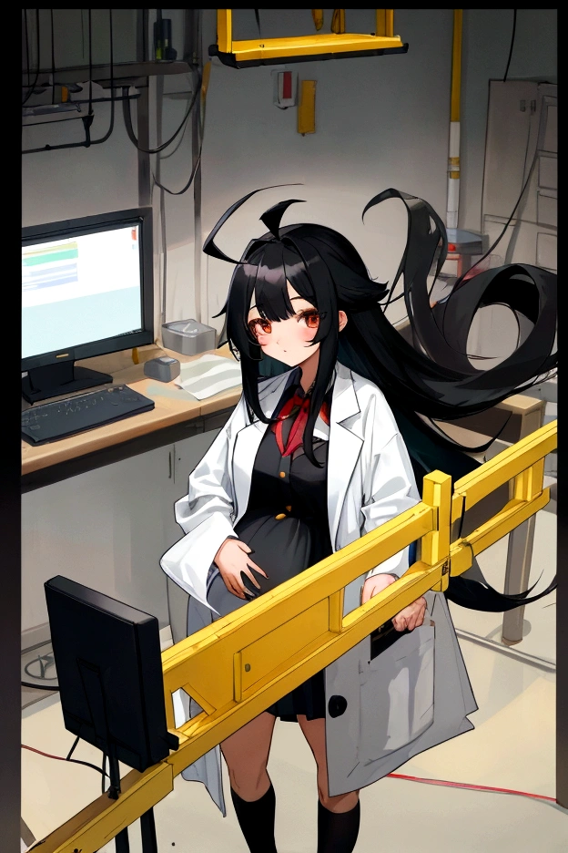 (high quality), 1girl, long black hair, two tone hair, simple ahoge, young girl, at workshop, lab coat, short skirt, engineer, drafter, computer, pregnant, look at viewer