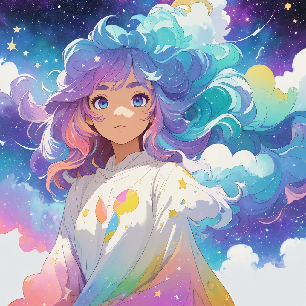 ((masterpiece)), (((best quality))), ((ultra-detailed)), ((illustration)),[realism light effect],shadow,(Fantasy style),(white background:1.6), simple background, (earth theme),(a cloak)[(hair focus,((1girl)),[(big slime hair): (cloud hair):0.3], (hair on background),(high saturation),(hair surrounded by galaxy splashes),)):((her hair is becoming galaxy clouds,:1.27628), (hair and clothes is galaxy clouds and cluster of stars:1.1025),(a cloak is becoming galaxy clouds)(colorful_galaxy_print_clusters_of_stars_print:1.35),((detailed starry sky with colorful galaxy and galaxy clouds):1.2)):0.35], (((masterpiece))),(((best quality))),((ultra-detailed)),(illustration),(dynamic angle),((floating)),(paint),((disheveled hair)),((beautiful detailed face)),collar,bare shoulders, ((colorful hair)),((streaked hair)),beautiful detailed eyes,(Gradient color eyes),(((colorful eyes))),(((colorful background))),(((high saturation))),(((surrounded by colorful splashes))),(((surrounded by colorful dot))),colorful bubble,((shining)),((Teachers who teach in schools)(Wear a government shirt)),
